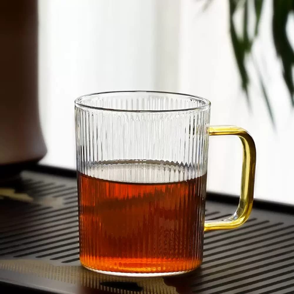Tasse En Verre, Tasse À Thé En Verre Sans Plomb De Grande Capacité 2 Ensembles De Tasses En Verre Avec Rayures Verticales Et Poignées, Convient For L'eau, Le Lait, Le Café, Le Thé, 340ML
