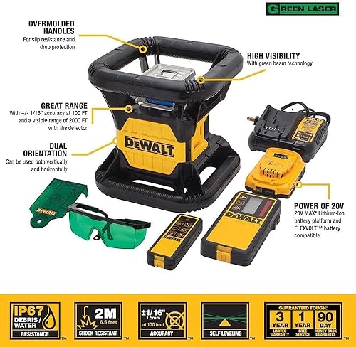 Miniatura 2 de Kit completo láser rotativo DEWALT 20V MAX nivel láser, rotativo, verde, rango de 2000 pies, kit con trípode, batería y cargador incluidos (DW079LGK)