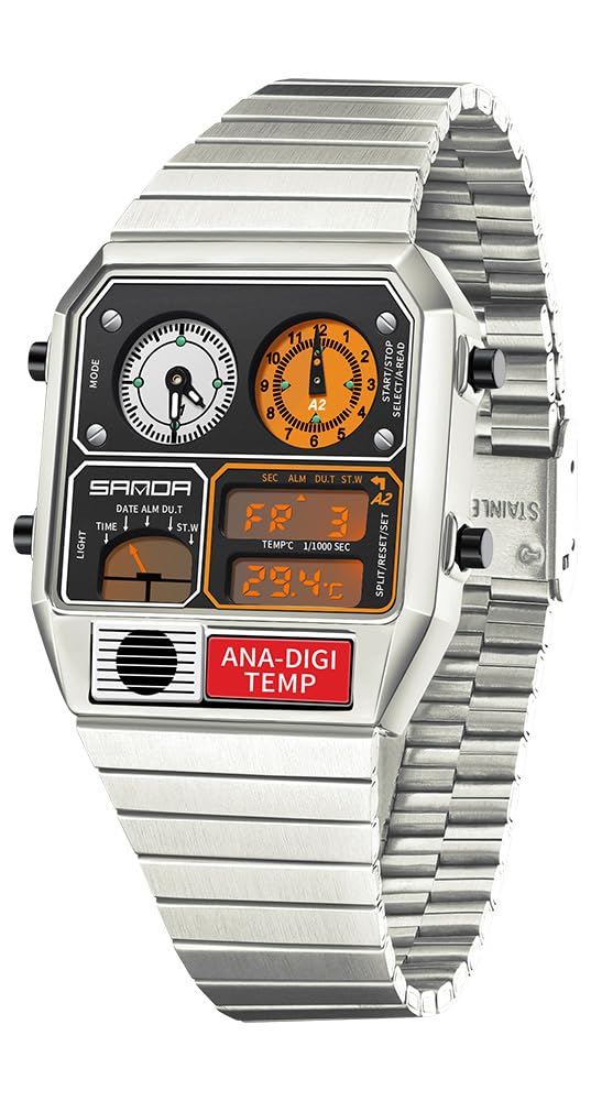 MASTOP Orologio analogico digitale quadrato retrò con display della temperatura, 3 fusi orari, retroilluminazione, impermeabile fino a 50 m, sveglia e cronometro settimana/data, Argento e bianco