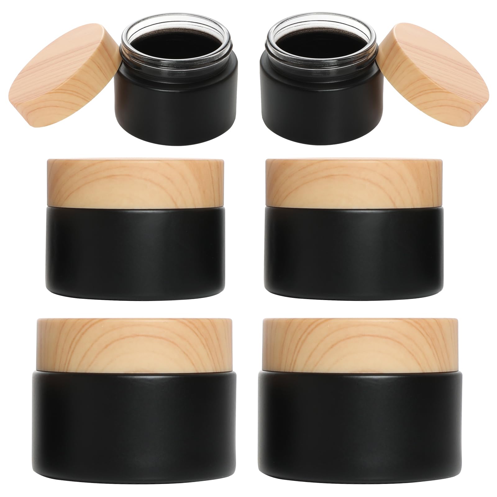 6Pcs Glass Cosmetic Container with Wood Grain Lid Refillable Cosmetic Jar Frosted Glass Cream Container with Leak-proof Lid Empty Jars for Makeup,Lotion,Scrub Cream,Travel(Black,15ml,30ml,50ml)