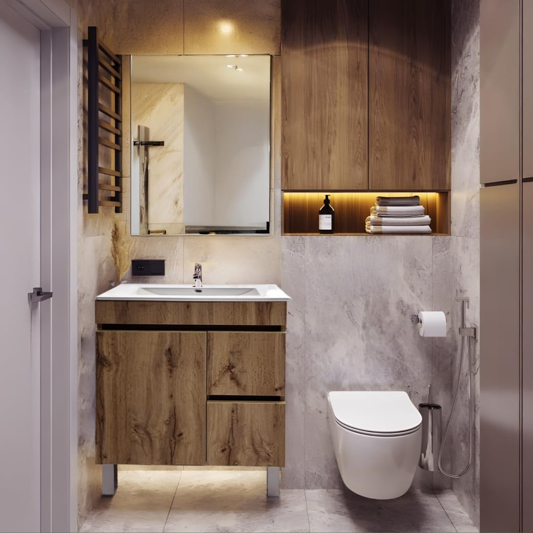 Juego Mueble Baño con Lavabo. Mueble Lavabo 60 cm. Mueble Bajo Lavabo Compacto Preinstalado de Fábrica. Mueble Baño con Lavabo 60 cm con Pie de Porcelana. No Incluye Espejo.