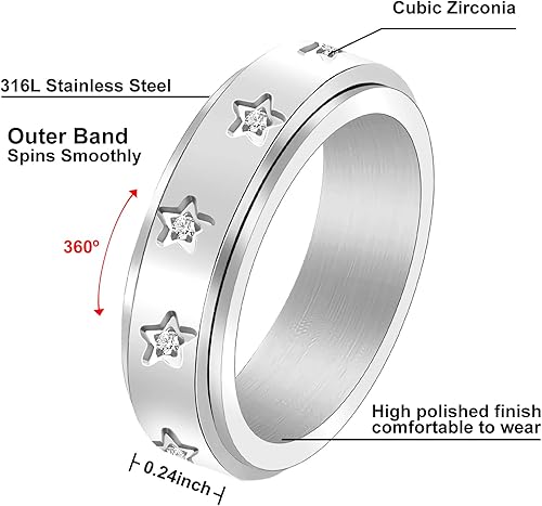 Miniatura 2 de Fidget Ring Spinner Ring Cubic Zirconia Anxiety Ring for Women Men Wedding Promise Silver Ring Size 6-11