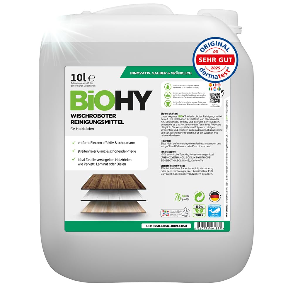 BiOHY Detergente robot pulenti (Lattina da 10 Litri) | Detergente per i pavimenti in legno | parquet e laminato | Concentrato economo dall'odore fresco lucentezza senza striature (Wischroboter Holz)