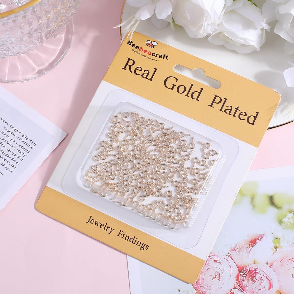 Beebeecraft 1 Box 150Pcs Screw Eye Pin Peg Bails 14K Gold Plated 8x4x1mm Mini Bails Clasps Connector for DIY Craft Half Drilled Beads Pearl Jewelry Making