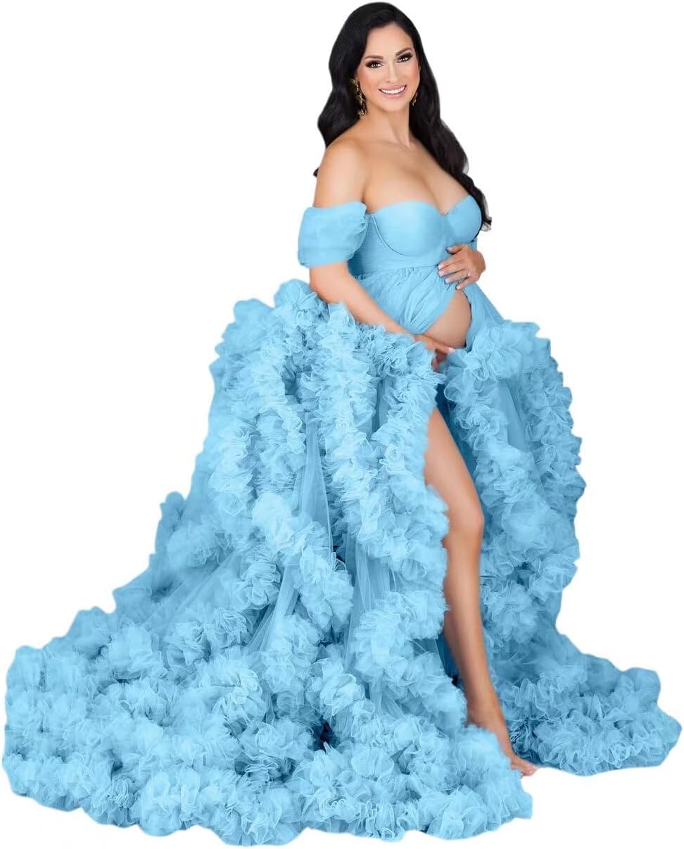 Changuan Tulle Maternity Gown for Photoshoot Ruffled Off Shoulder Babyshower Bridal Lingerie Pregnancy Dress Bathgown