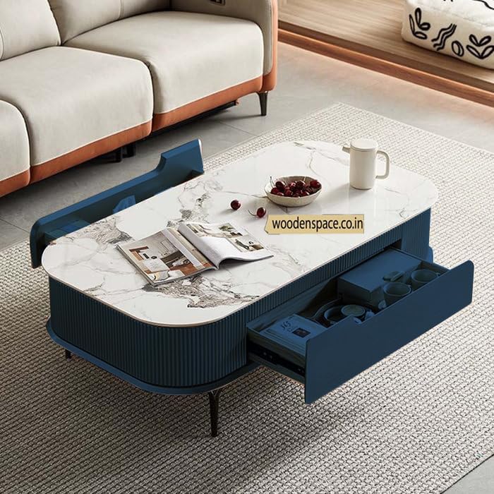 Image of WOODEN SPACE Premium Marble-Top Wooden Center Table for Living Room | Iron Legs | PVD Coating | Modern Entryway Furniture | Coffee Table - 42X24X18 in (Royal Blue)