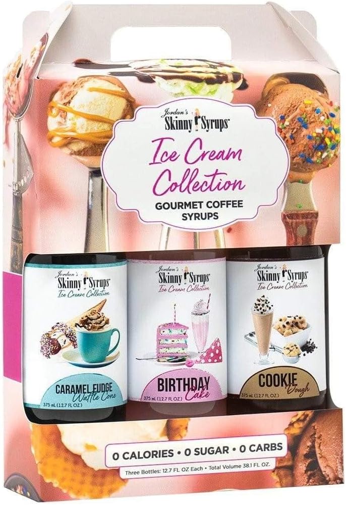 Sugar Free Syrup Trio 3x375ml Caramel Fudge Waffle Cone, Birthday Cake and Cookie Dough Syrup