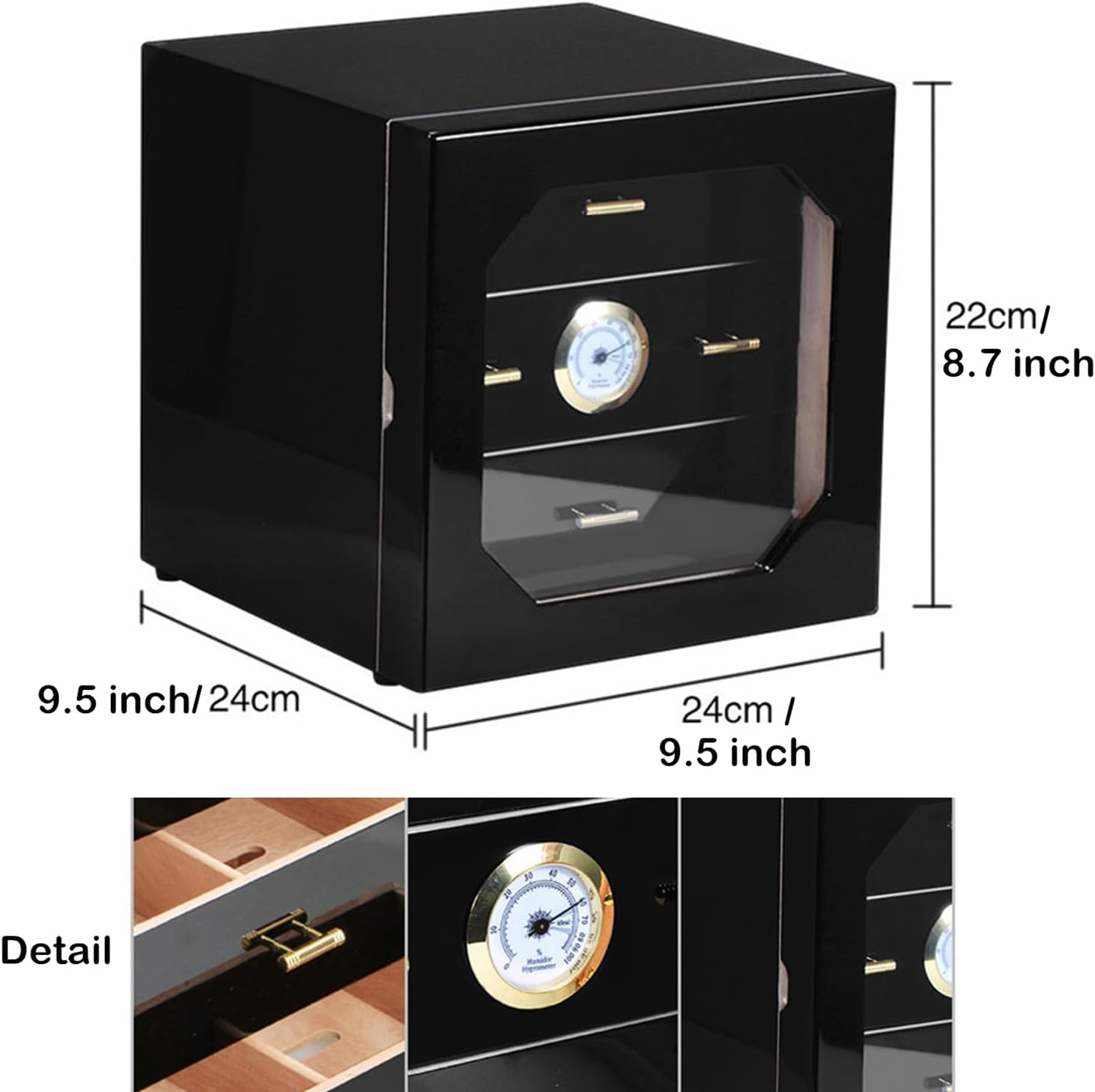 Cigar Humidor Front Mounted Hygrometer Cedar Lined Storage Box and Humidifier, Polished Piano Black Coating Finish Cedar Wood Lined and 3 Layer Drawers，Holds 100-150 Cigars