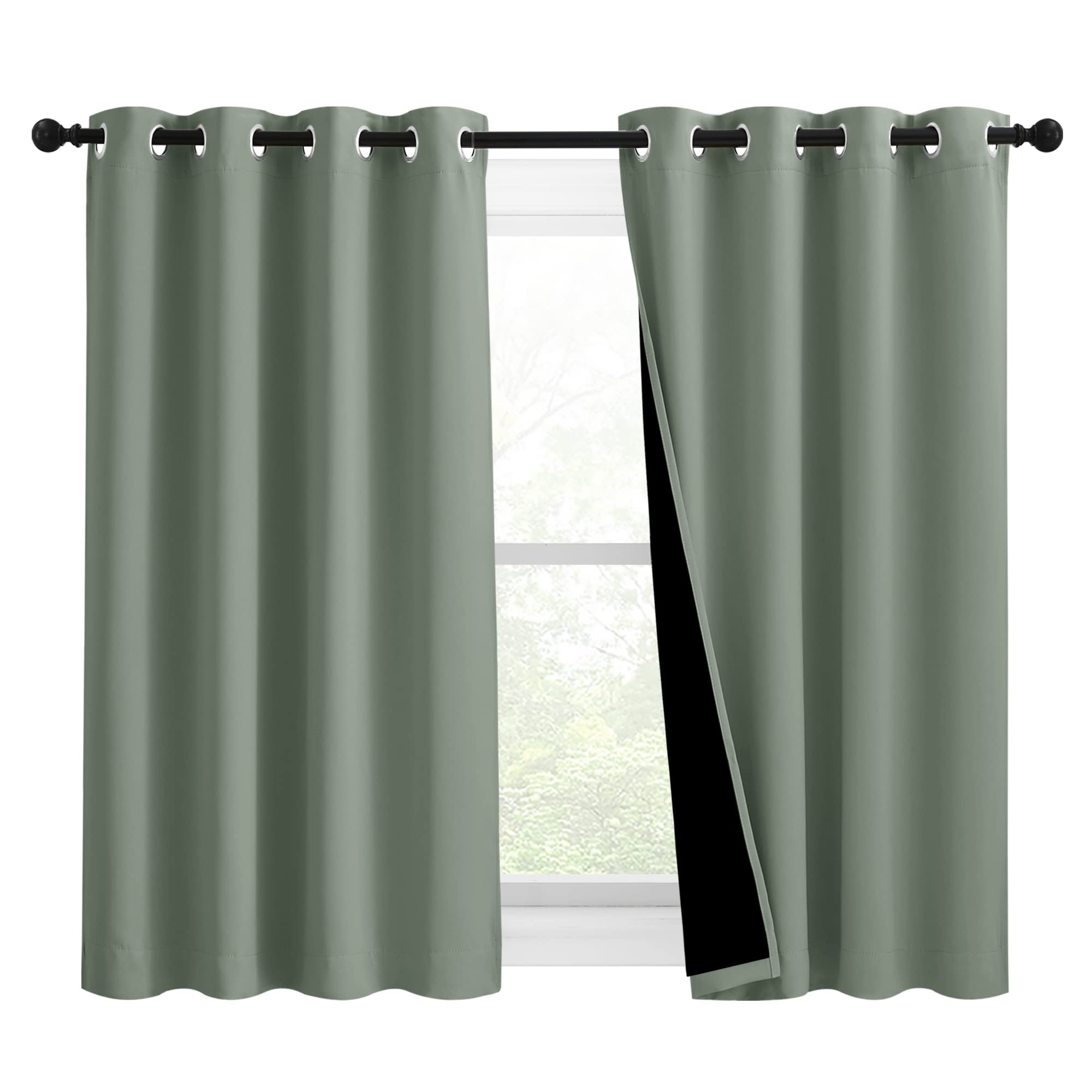 NICETOWN 100% Blackout Curtains 54 inches Long, Double-Deck Completely Blackout Window Treatment Thermal Insulated Lined Drapes for Small Window (Greyish Green, 1 Pair, 46 inches Width Each Panel)