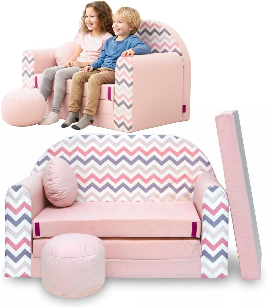 TUPPI Divano Bambini Trasformabile 168x98 cm - Divanetto per Bambini Pieghevole con Funzione Letto - Per Cameretta - Morbido Velluto - Set 4 Pezzi incl. Cuscino e Pouf