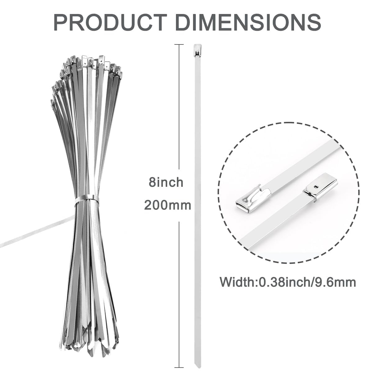 Aroono 8 inch Metal Cable Zip Ties Heavy Duty, 100PCS Outdoor Cable Ties- 304 Stainless Steel, 0.38