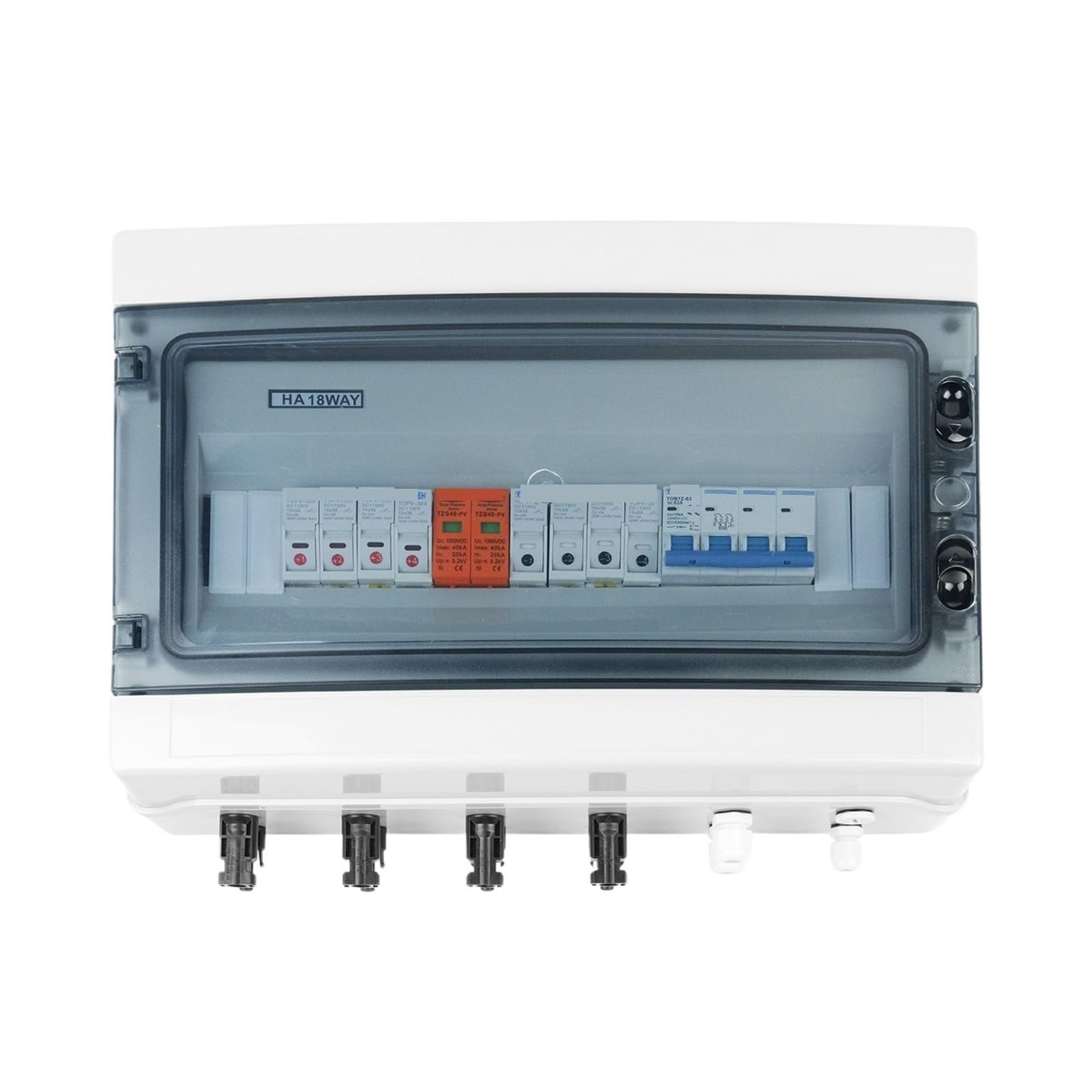Solarumrichter-Box Solar Photovoltaik PV Combiner Box mit 4 Eingängen und 1 Ausgang DC 1000 V Sicherung MCB SPD Box IP65 18 Wege(1000V 63A MCB)