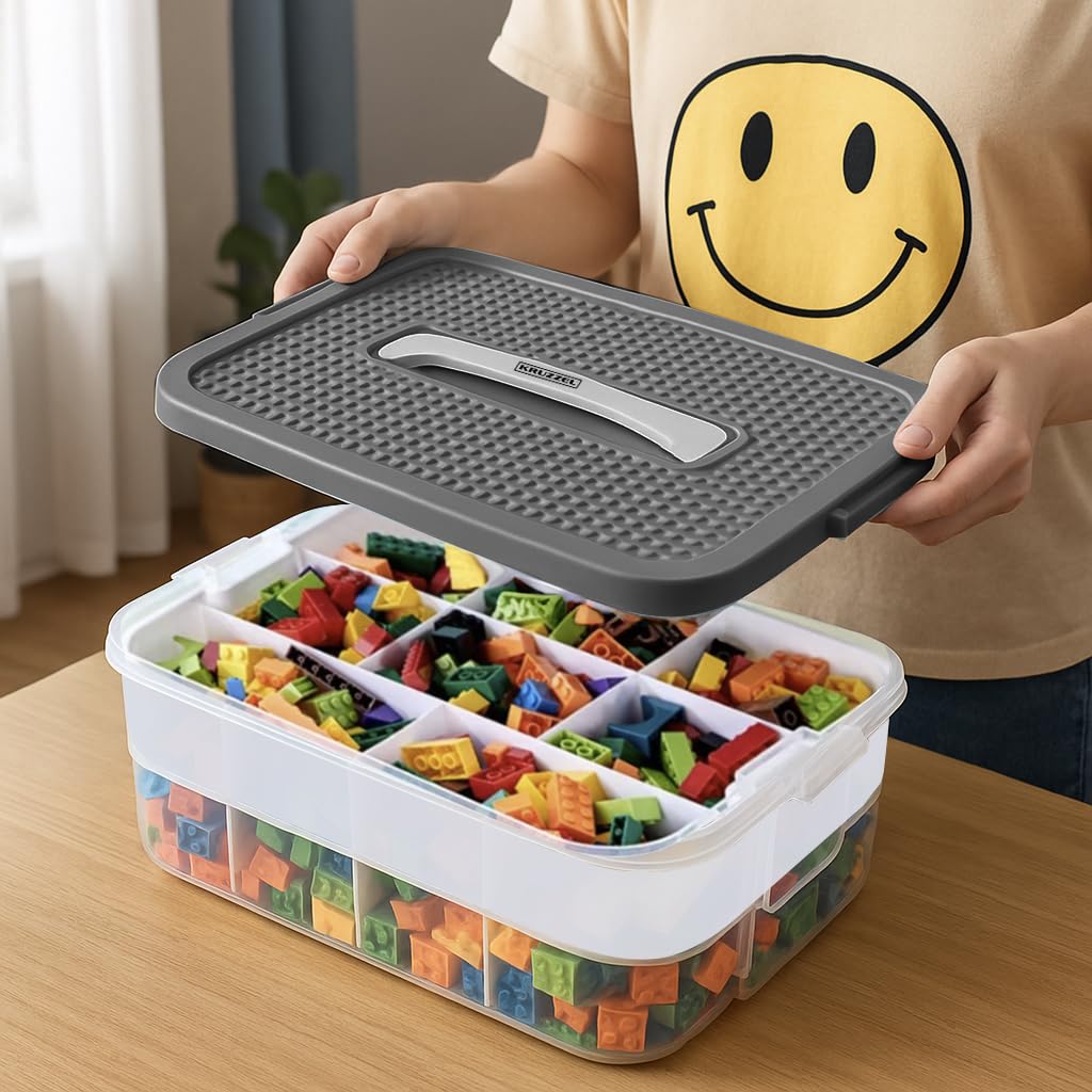 KRUZZEL Scatola portaoggetti con coperchio a 5 livelli, 35 l, con coperchio per Lego trasparente, la scatola non contiene blocchi, scatole impilabili in modo sicuro, impilabile 25759