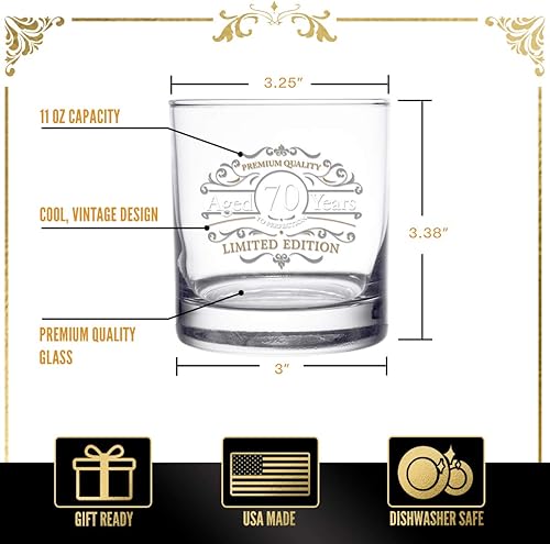 Miniatura 3 de Vaso de whisky escocés de edición vintage (70 aniversario) de 11 onzas, vasos de whisky vintage de feliz cumpleaños para 70 años de edad, vidrio
