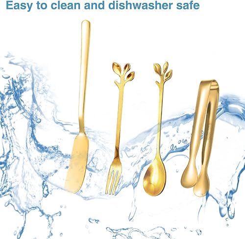 Miniatura 5 de Juego de esparcidor de mantequilla de queso de acero inoxidable dorado de 15 piezas, incluye cuchillos de mantequilla, tenedores y cucharas con