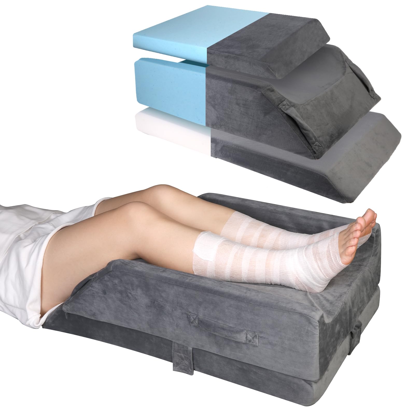3-Height Adjustable Leg Elevation Pillows for after Surgery–Memory Foam Bolster for Both Legs, with Wedge & Knee Support, Enhances Sleeping Blood Circulation, Washable Velvet Cover, Comfortable