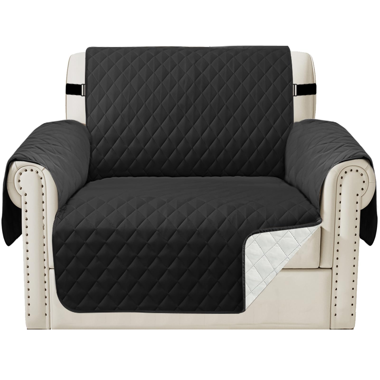 Teynewer Reversible Chair Covers Water Repellent Sofa Cover 1 Seater Sofa Slipcover for Kids Pets Checked Pattern Thick Quilted with Elastic Strap