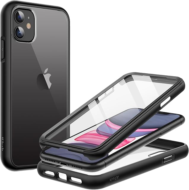 JETech Etui do iPhone 11 6,1 Cala z Wbudowany Ochraniacz Ekranu Odporny na Zarysowania, 360 Stopni Pełne Ciało Chropowaty Telefonu Case Przezroczyste Tyłem (Czarny)