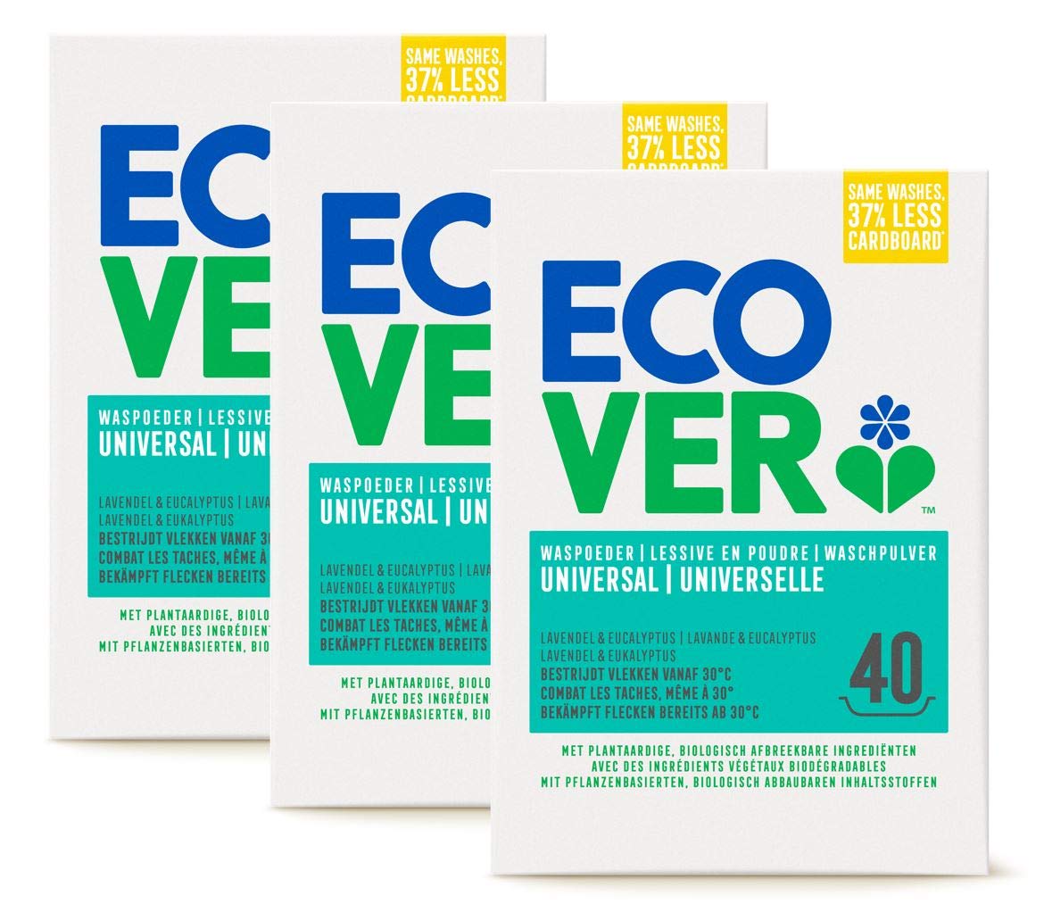 Ecover Universalwaschmittel, Pulver, Lavendelduft, natürlicher Ursprung, umweltfreundlich und sanft für Ihre Haut, für farbige und weiße Wäsche, 3 x 3 kg