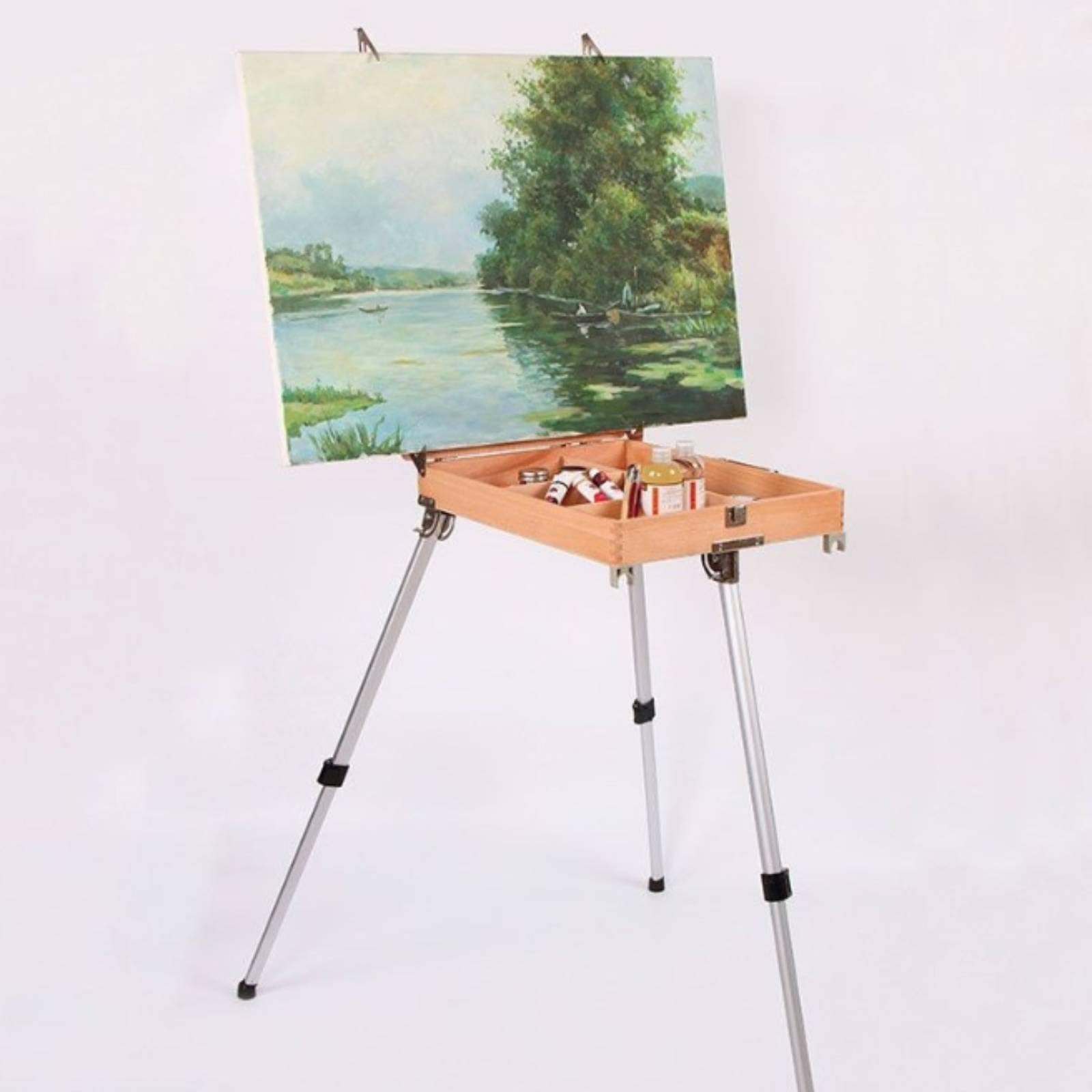 Maletín Pintura con Patas Ajustable Caja Caballete Portátil Resistente Caballete Plegable para Artistas, Pintores