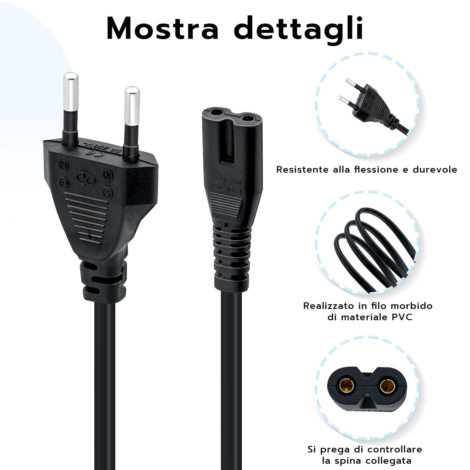 Mcbazel 1.5M IEC 320 C7 Cavo di Alimentazione Power Cable con 2 Pin Euro Cavo di Alimentazione per PS5/ PS4/ PS3/ Xbox Series X/S - Nero