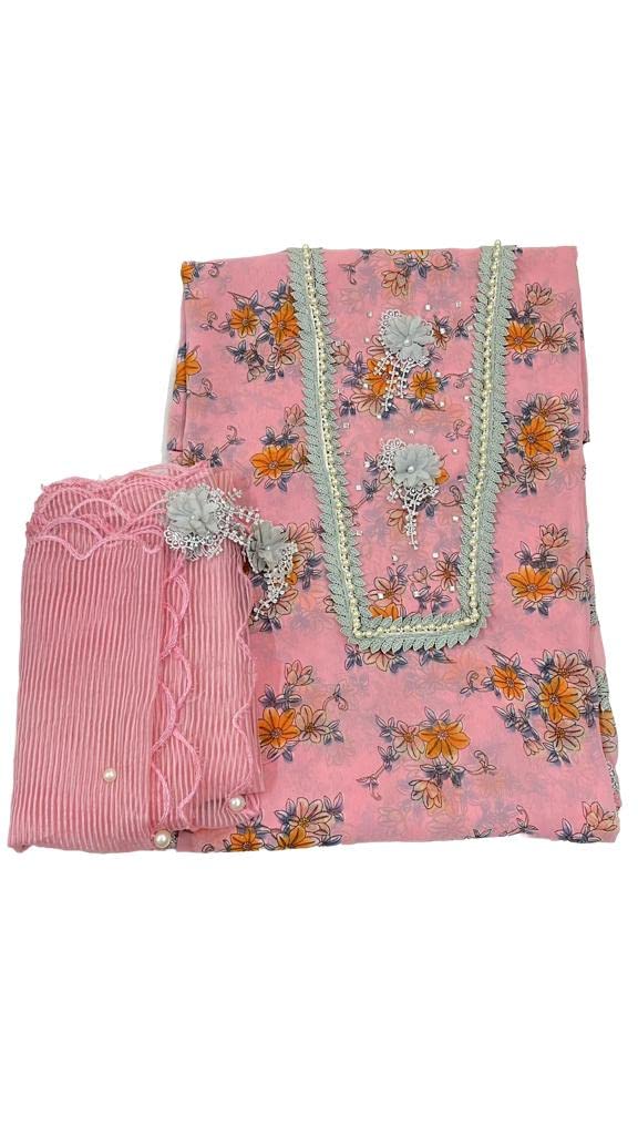 HASTKALA CREATIONS Baby Pink Cotton Hand Embroidery Unstitched Dress Material with Organza Dupatta, and 5 Meters of Fabric for Endless Styling Possibilities | Perfect for Casual and Formal Occasions