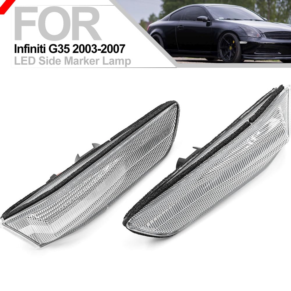 JDM Black Side Marker Lamps W/ White LED Bulbs – Fits 03-07 Infiniti G35 Coupe (Clear Lens)