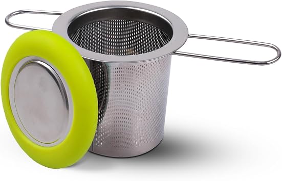 Tea Infuser Stainless Steel Tea Strainer Folding Handle Tea Filter Extra Fine Mesh Strainer Brewing Basket with Lid for Loose Leaf Tea Green