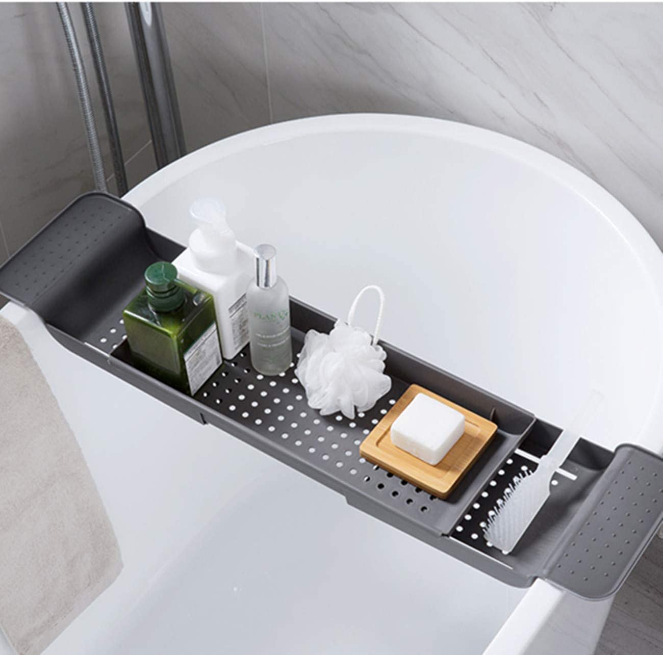 Khanary Extendable Bath Tub Rack Plastic Adjustable Bath Tub Caddy - Phone, Soap, Shampoo, Storage Organiser Expandable Bathroom Shelf Holder - Rectangle Shaped Tray – 55X78cm (Dark Grey)