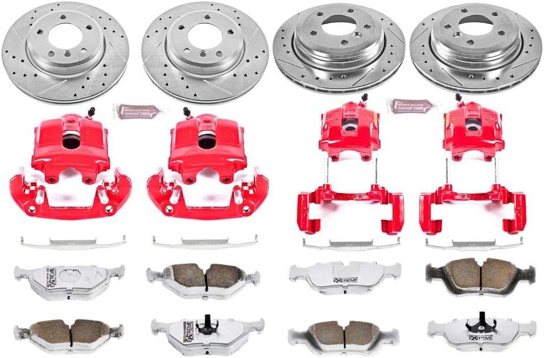 PowerStop Front and Rear Brake & Caliper Kit For BMW 325xi 2001-05 - Drilled and Slotted Disc Rotors with Carbon-Fiber Ceramic Brake Pads Replacement, KC874-26