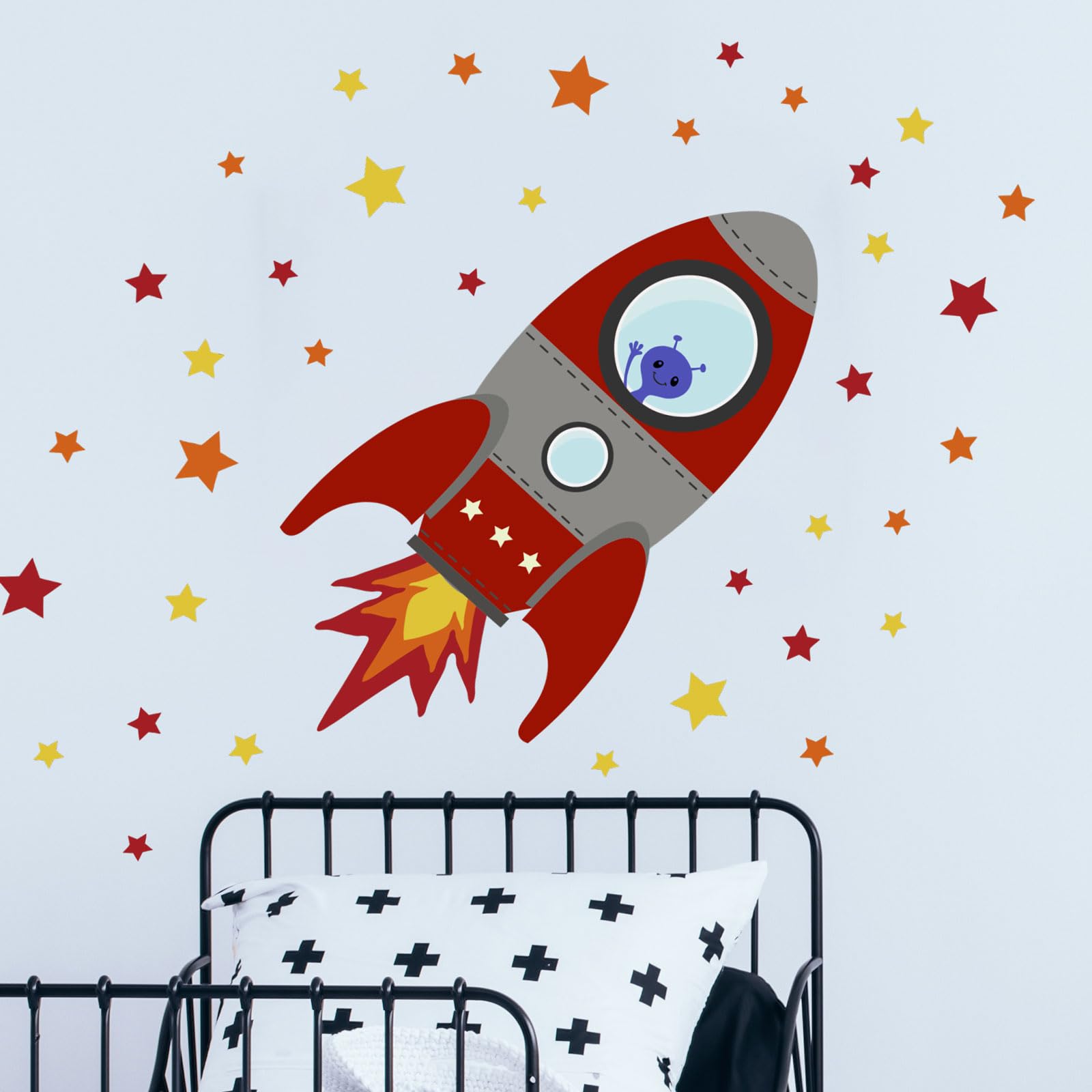 Stickerscape Flying Rocket Wall Sticker (Red - Regular) | Nursery Wall Stickers, Space Wall Stickers, Nursery Wall Decor, Rocket Wall Decal | Easy to Apply, Cleanly Removable