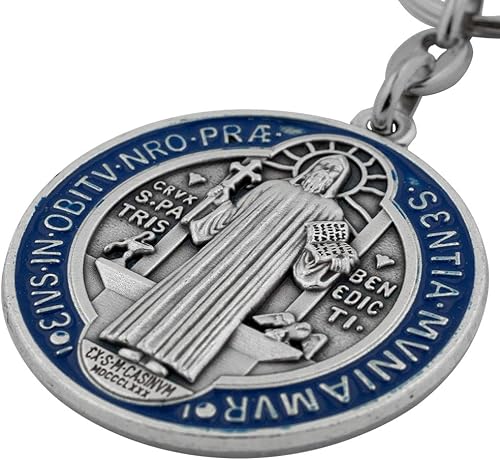 Miniatura 6 de VILLAGE GIFT IMPORTERS Llavero grande de 2 pulgadas con medalla de San Benito, patrón de los estudiantes y Europa, metal plateado con detalles