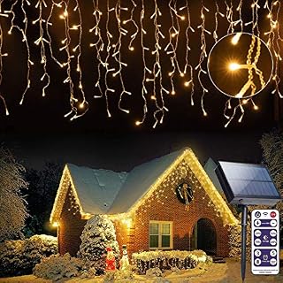 Solar Icicle String Light - 16FT/5M Outdoor Decorations 256 LED 8 Mode Remote Curtain Light, Solar Power Christmas Fairy Light Waterproof for Balcony,Garden,Party,Tree,Home,Backyard,Patio,Warm White