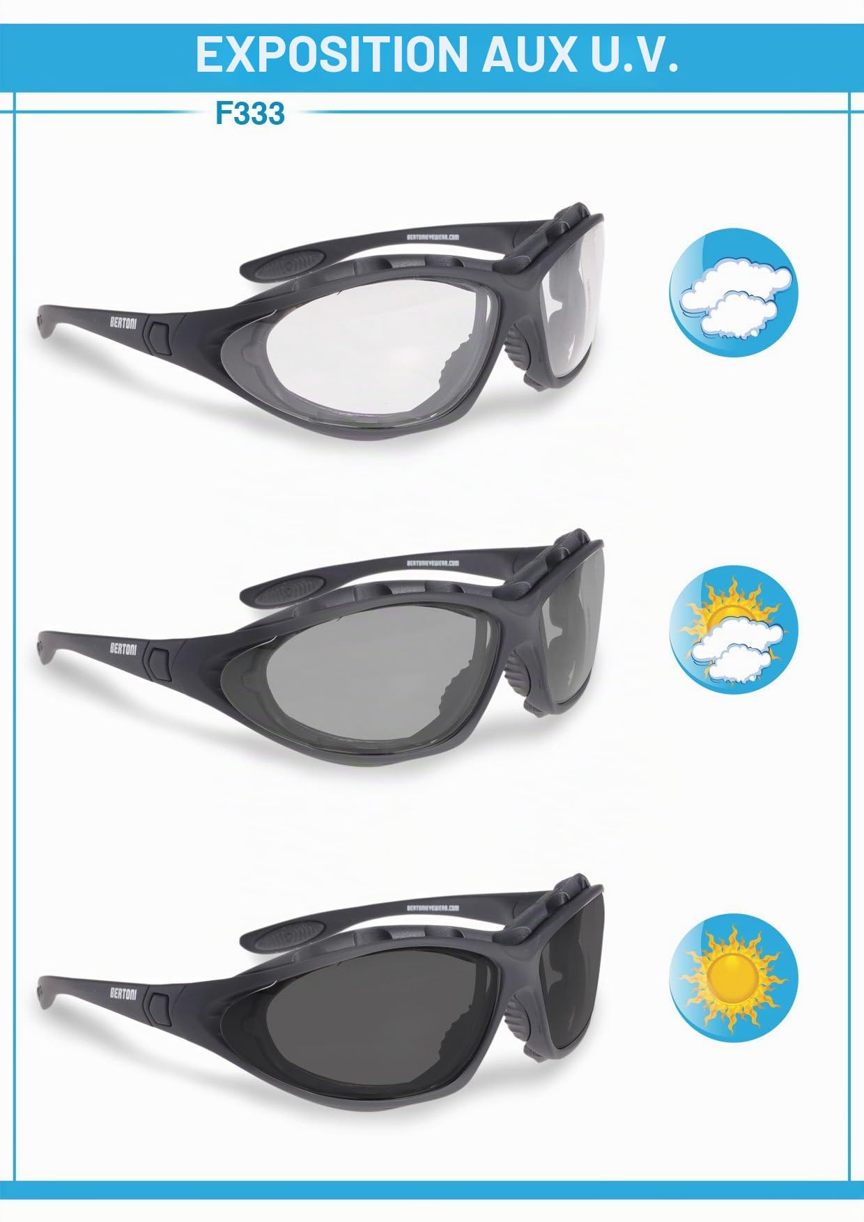 Bertoni Lunettes de Moto Photochromiques Polarisées - Branches Déclipsables pour une Bande élastique - mod. 333 Lunettes Coupe-Vent pour Casques Moto