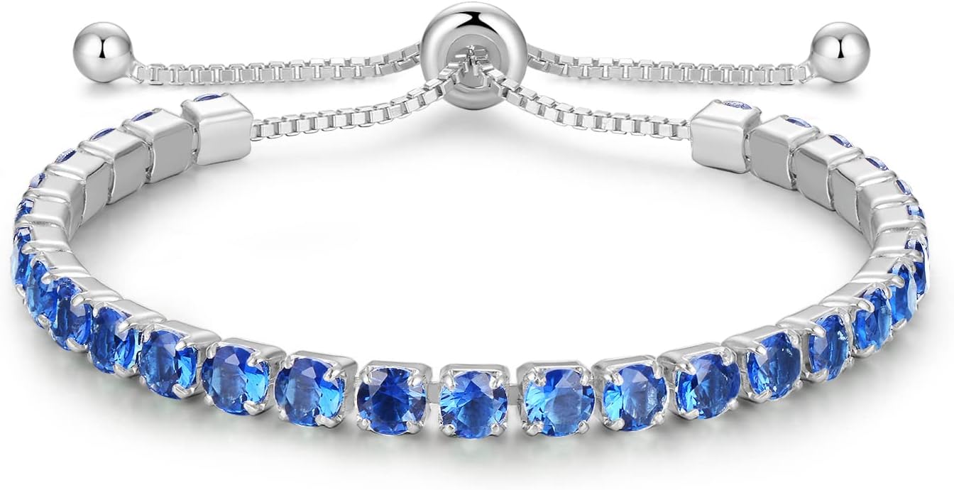 Valentines Day Gifts Sterling Silver Birthstone Tennis Bracelets for Women 4mm Tennis Bolo Bracelet Fashion Jewelry Birthday Gifts for Women Wife Mom Her | Adjustable Size 9"