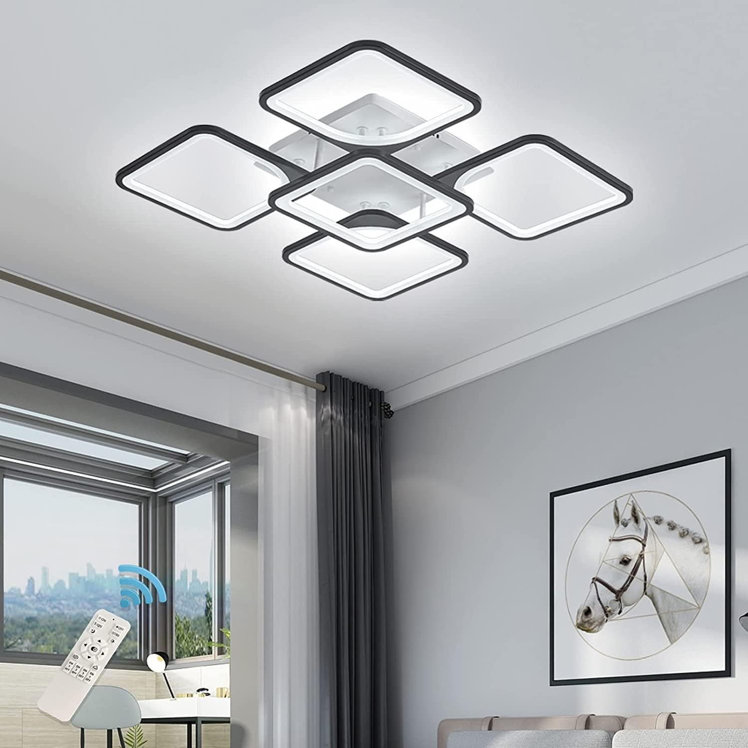 Qcyuui Modern LED Ceiling Light, Dimmable 5 Heads Squares Ceiling Lamp Fixture with Remote, Acrylic Metal Flush Mount Ceiling Chandelier Lighting for Living Room Bedroom (70W, White & Black)