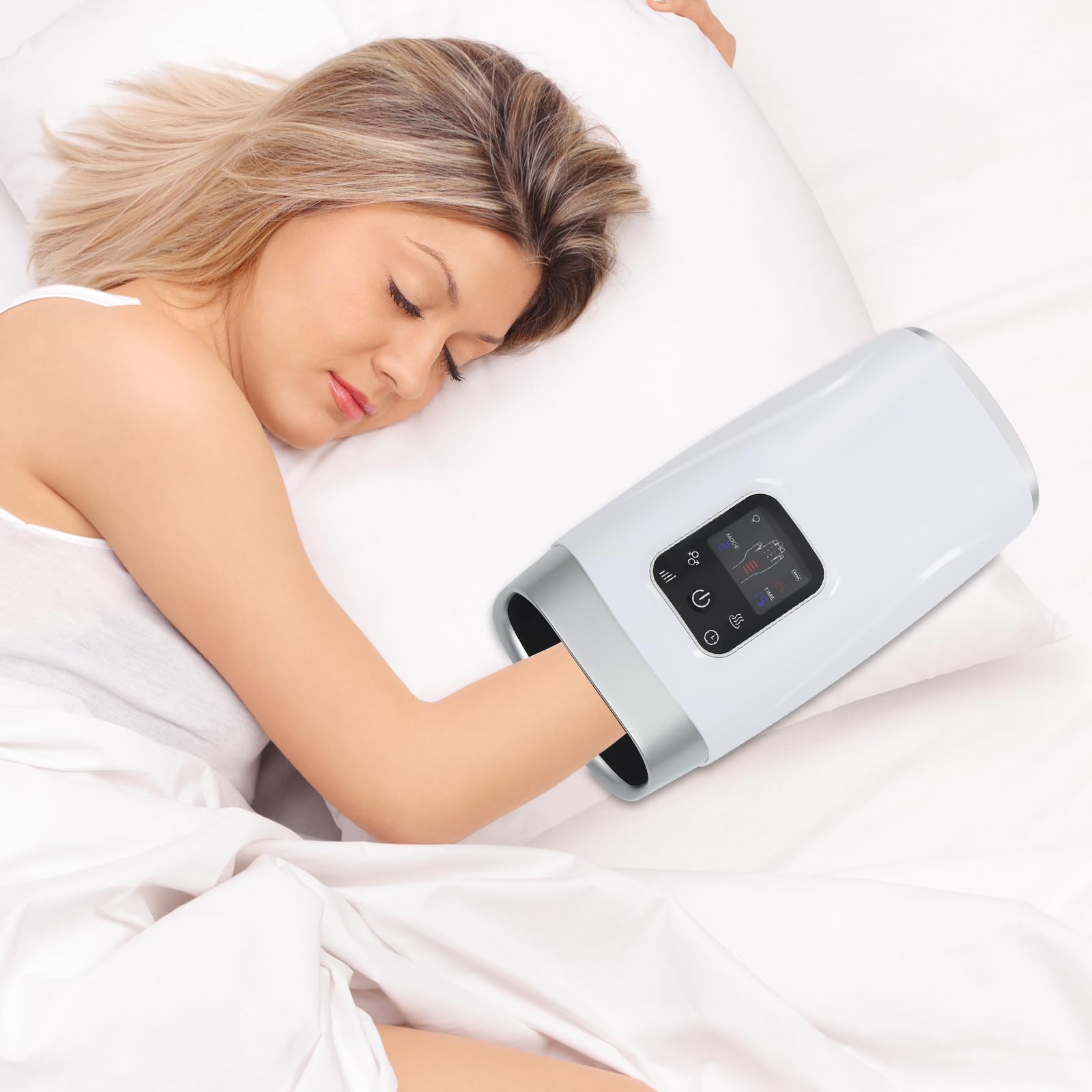 Handmassagegerät mit Luftdruck und Wärmefunktion, 2 Modi & 8 Intensitätsstufen, Timer, wiederaufladbarer Akku, LCD-Display & Typ-C, Gegen Handschmerzen, Gelenkschmerzen, Fingerkribbeln und Müde Hände