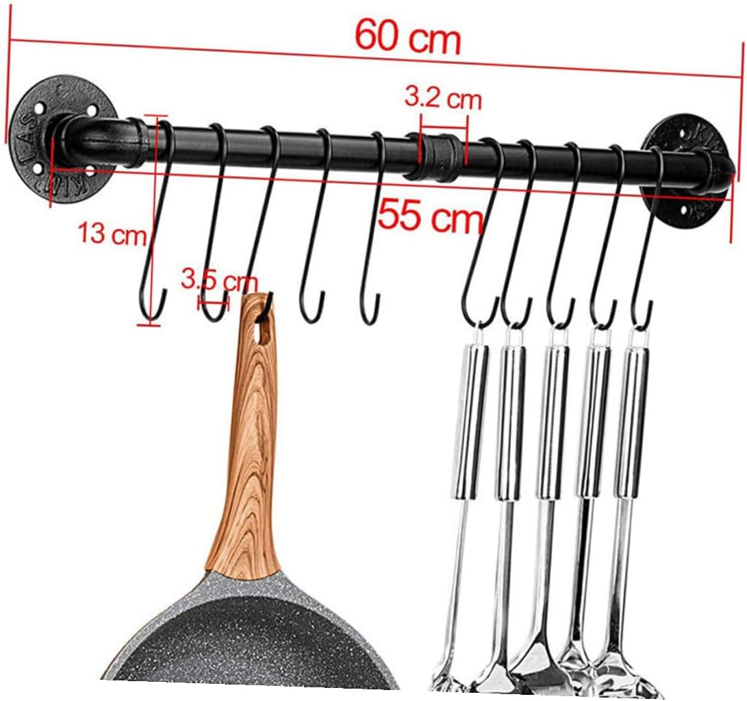 Wall-mounted Iron Pot Rack with Hooks 13x60cm Kitchen Hanging Pan Organizer and Utensil Holder Storage Rail for Cookware Organization