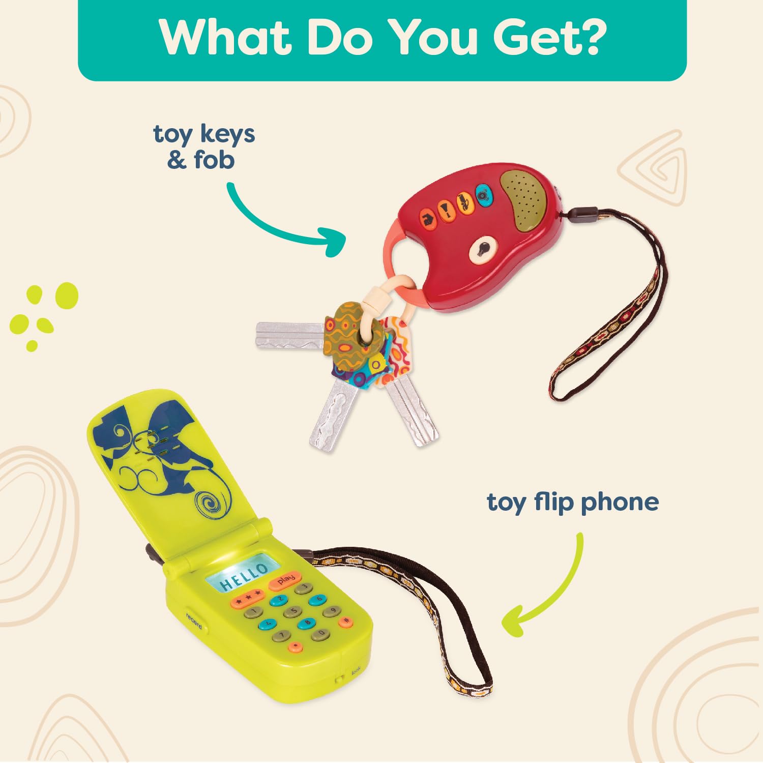 B. toys BX2367Z Cellphone samochodowy – 2 szt. sensory Bundle – developmental Toy for Babies, Toddlers – Red Keys & Green Play Phone – 10 miesięcy + – FunKeys + Hellophone, Multi