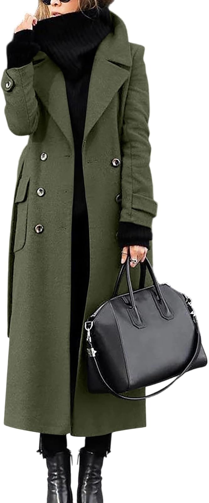Women's Coats Double Breasted Thick Wool Blend Coat Lapel Collar Long Length Adjustable Belt Warm Overcoat Jackets Elegant Casual Formal Deep Winter Ladies Daily Outerwear