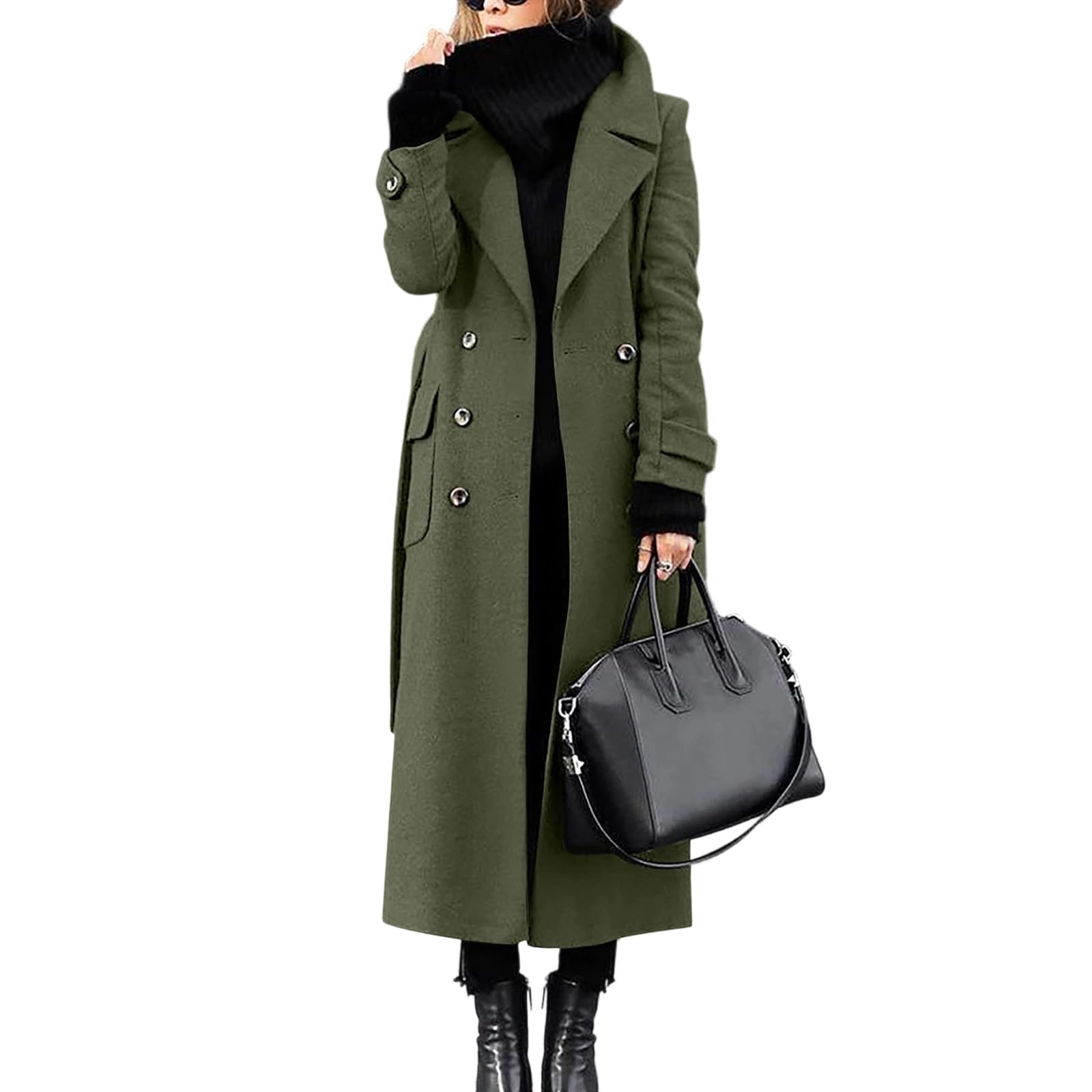 Women's Coats Double Breasted Thick Wool Blend Coat Lapel Collar Long Length Adjustable Belt Warm Overcoat Jackets Elegant Casual Formal Deep Winter Ladies Daily Outerwear