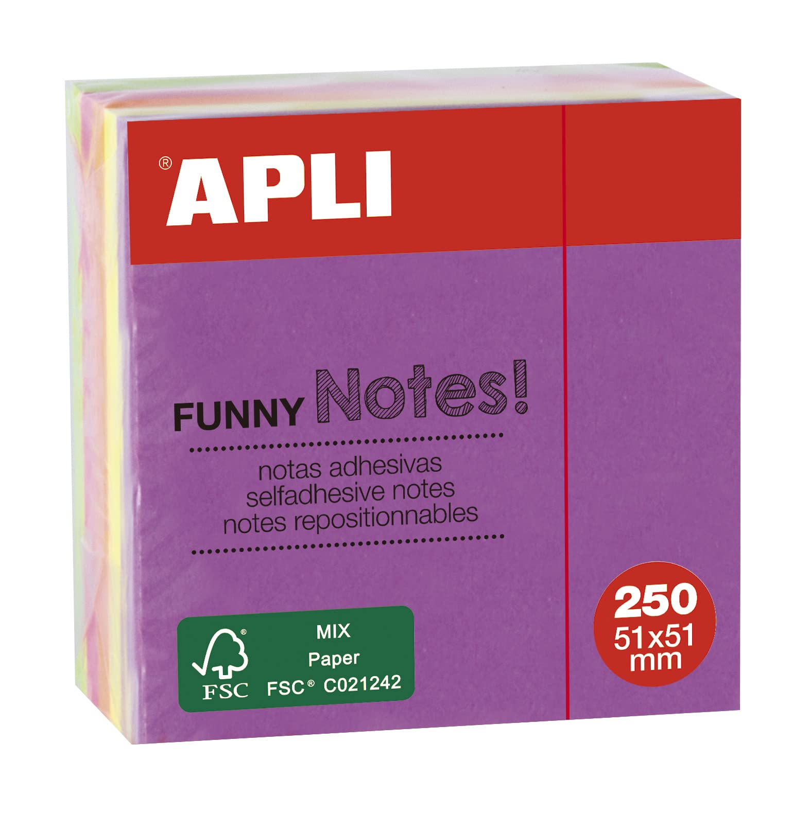 Apli 11596 Funny Sticky Notes 51 x 51 mm Mini Pad of 250 Sheets 5 Assorted Fluorescent Colours