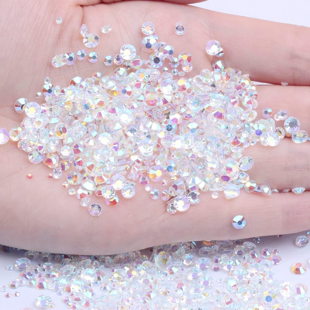 ARZER Mixed 1000pcs 2-6mm Transparent AB Resin Nail Rhinestones 3D Non Hotfix Glitter Round Flatback Nail Stones Strass Gems Diamonds DIY Nail Art Decoration (27 Transparent AB)