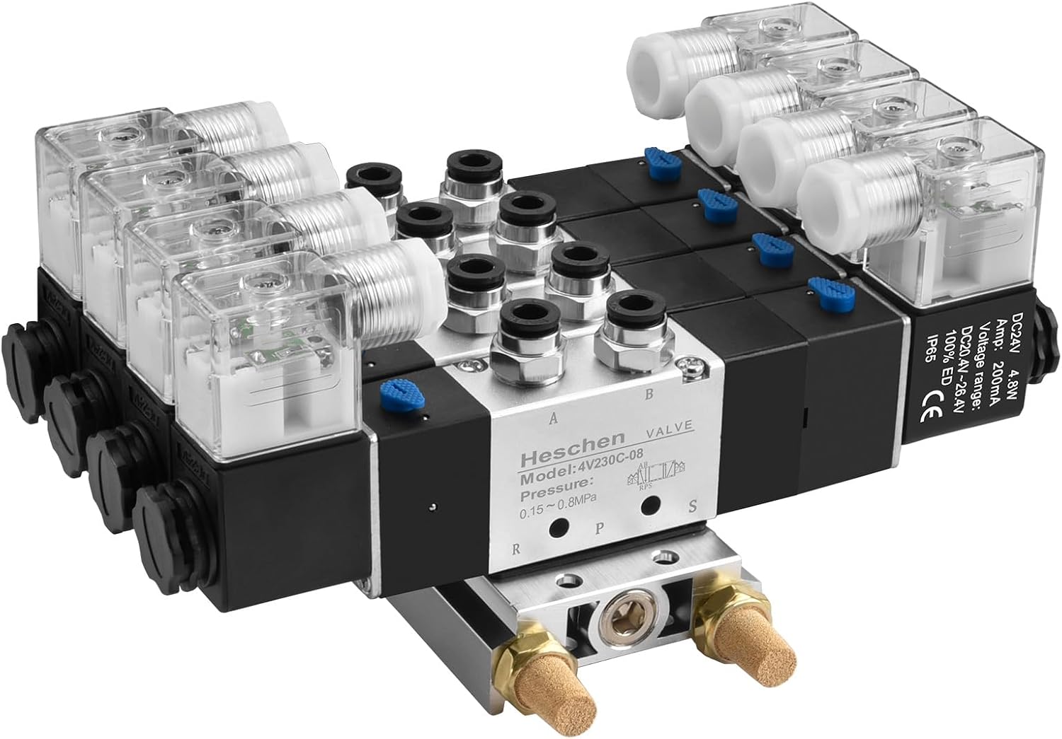 Heschen Electrical Pneumatic 4 Solenoid Valve, 4V230C-08, 24VDC, PT1/4, 5 Way 3 Position, Manifold Base, Muffler, Quick Fittings Set, CE