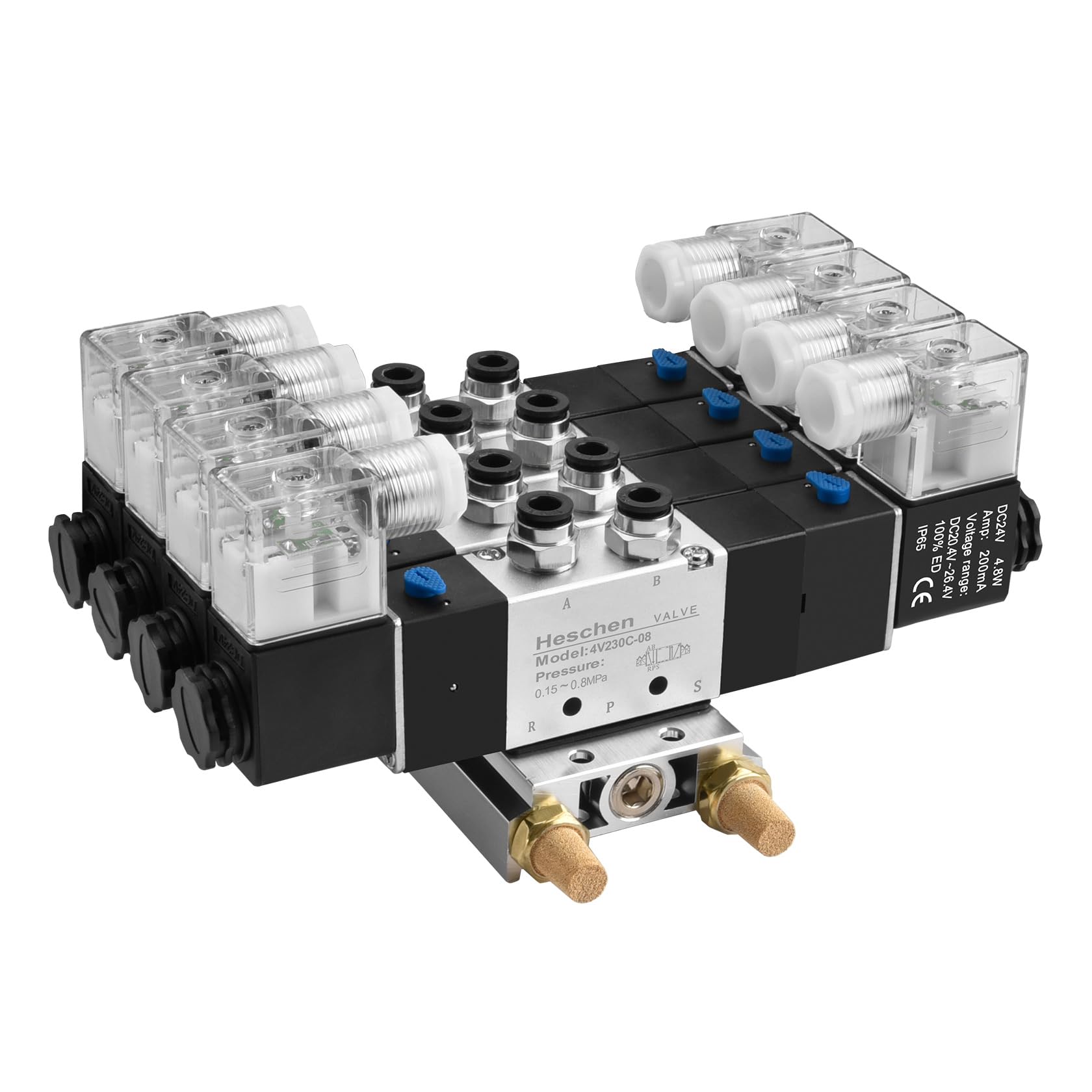 Heschen Elektryczny pneumatyczny 4 zawór elektromagnetyczny, 4V230C-08, 24VDC, PT1/4, 5-drożny 3-pozycyjny, podstawa kolektora, tłumik, zestaw szybkozłączek, CE