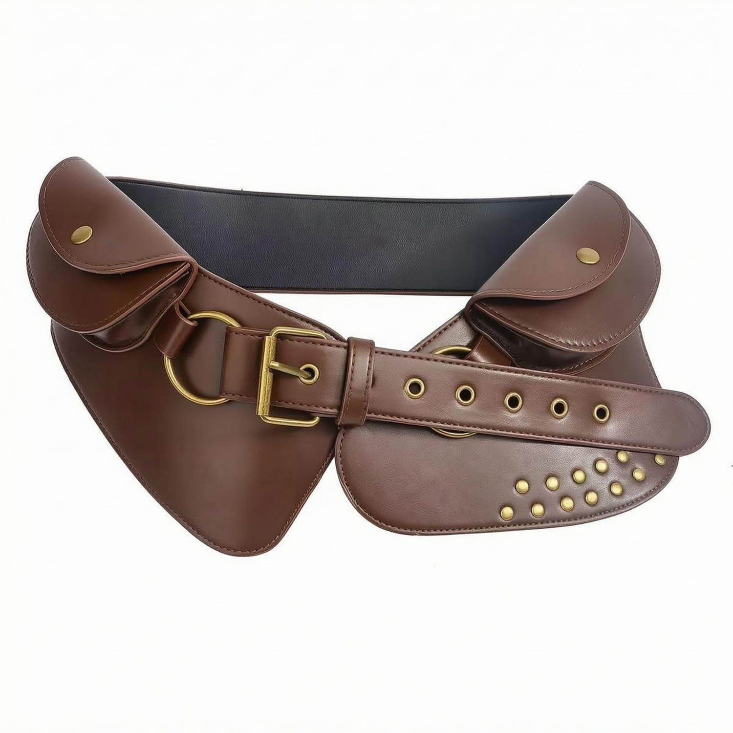 SNAPPSY Gold-Tone Hardware Layered Waist Belt Smooth Finish Studded Waist Belt Adjustable Strap Fashion Accessory Buckle Closure, Brown-picture-23