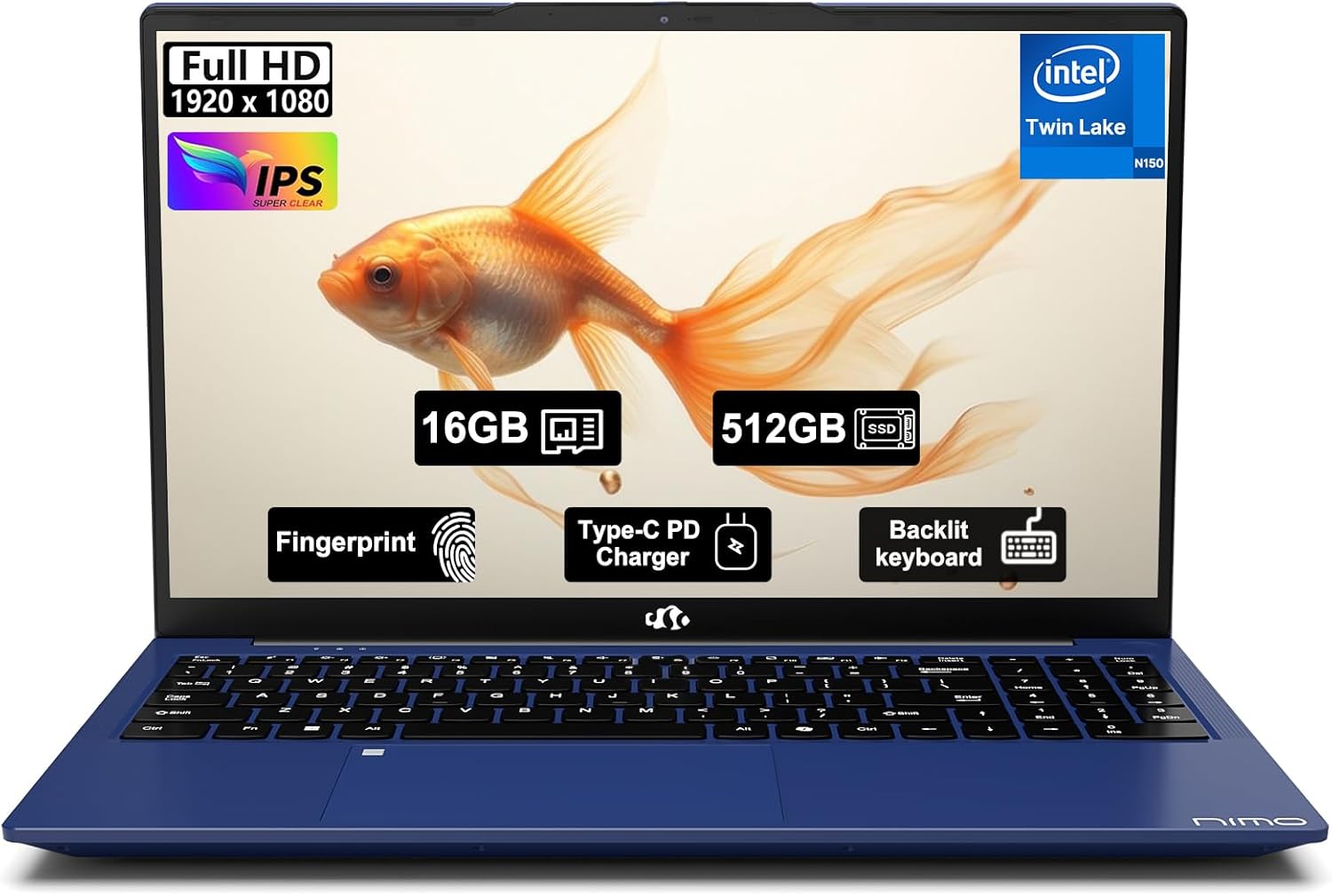 NIMO-15.6" Student-Laptop, 13th Gen Intel N150,16GB RAM 512GB SSD(Beat to i3-1115G4, Up to 3.6GHz), Backlit Keyboard Fingerprint FHD Computer Wi-Fi 6 BT5.2 65W Type-C