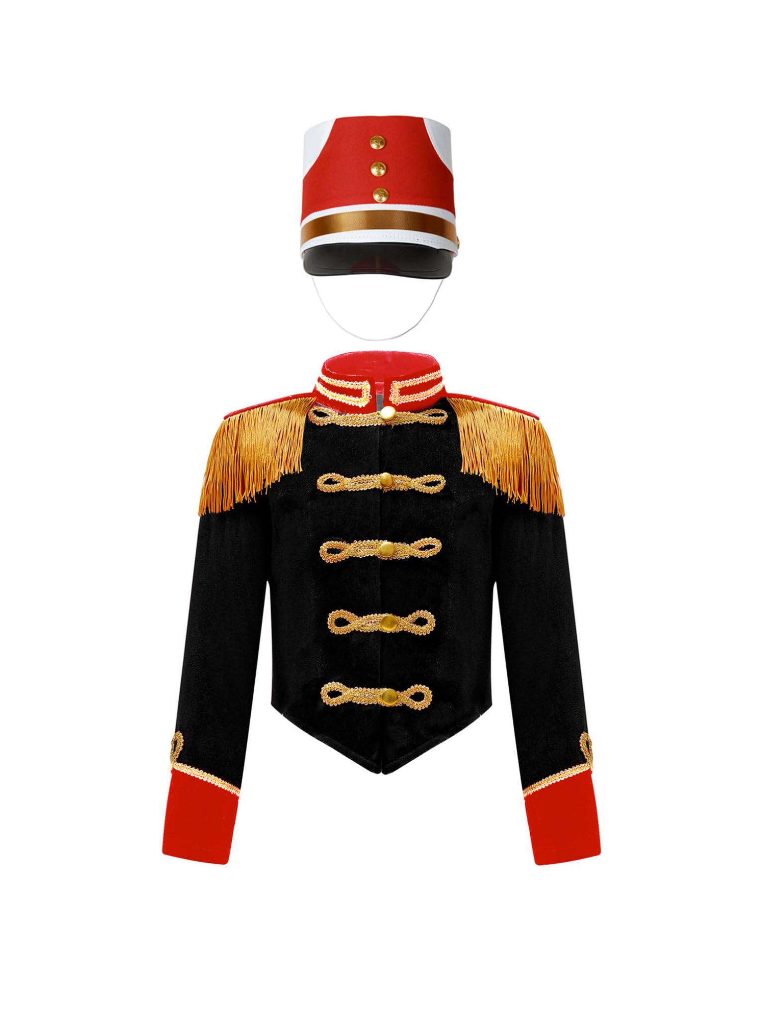 QinCiao Kids Boys Drum Major Team Uniform Drummer Performance Costume Marching Band Tassel Jacket and Hat