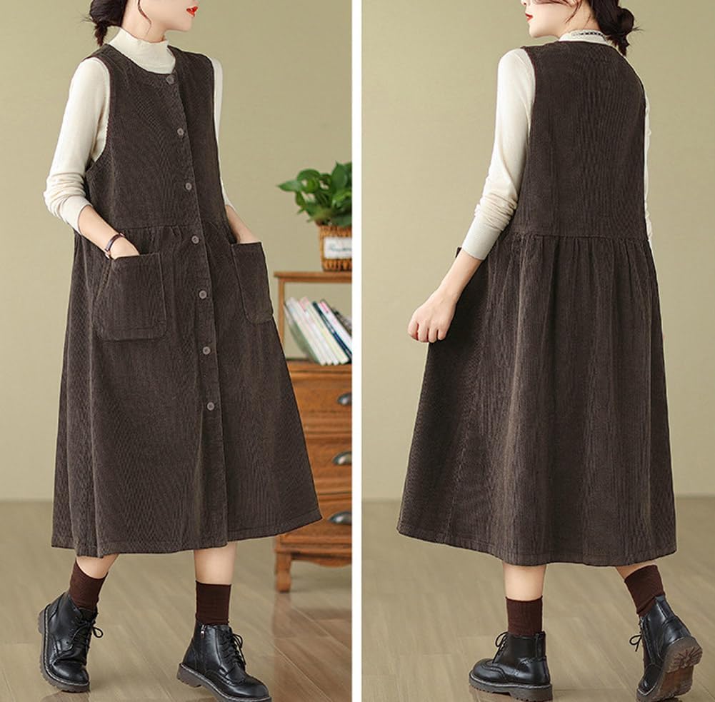 chouyatou Women's Corduroy Button Down Babydoll Tank Dress Crewneck Over Knee Long Overall Dress with Pockets - Image 4