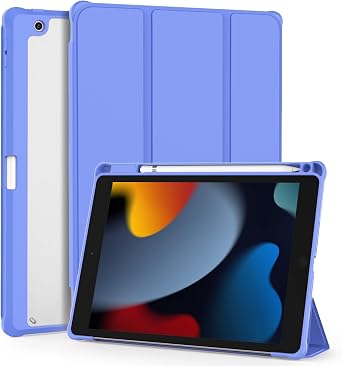 OKP for iPad 9th/8th/7th Generation Case (2021/2020/2019), iPad 10.2 inch Cases with Trifold Stand, Slim ipad 9/8/7 gen Cover with Pencil Holder for Kids Women Men, Clear Back Shell, Paradise Blue